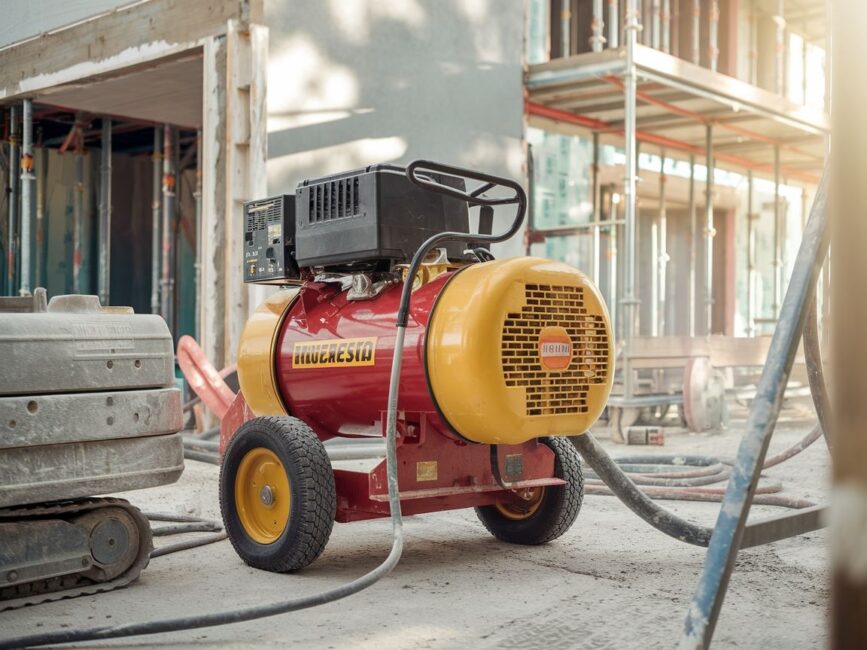 Kompresor i narzędzia do tynkowania fasady budynku