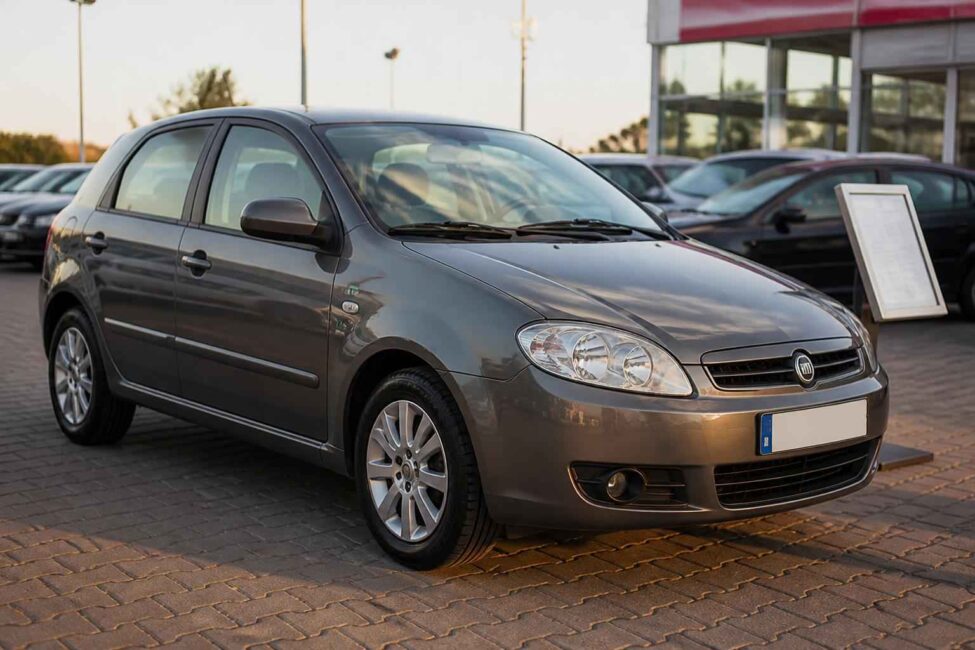 Szary Fiat Bravo zaparkowany przed salonem samochodowym na brukowanym placu